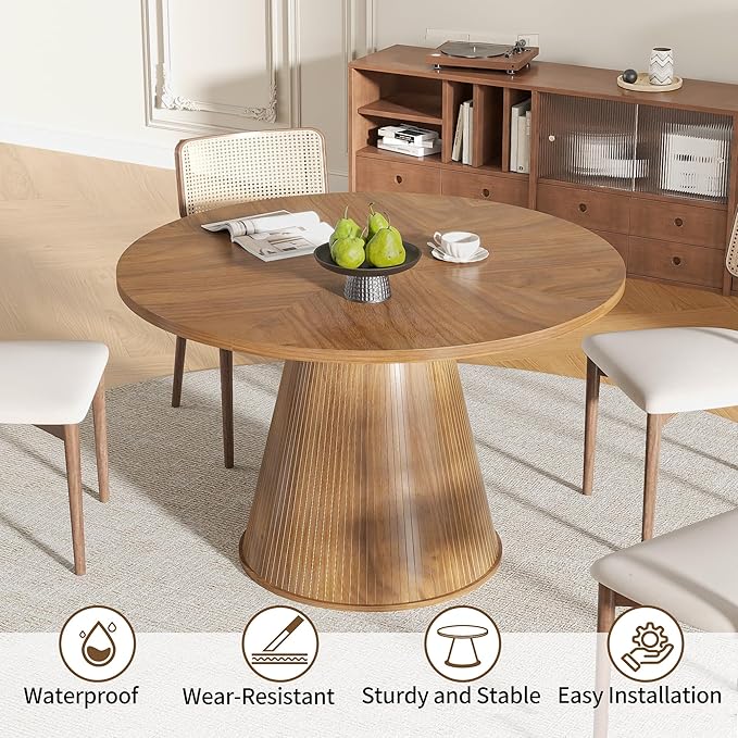 47 inch Round Dining Table for 4-6, Circle Kitchen Table with Sturdy Tapered Base, Mid Century Modern Fluted Dining Tables for Dining Room, Kitchen, Living Room (Walnut, 47inch)