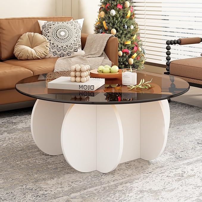 Glass Coffee Table, Mid Century Modern Design, 31.5'' Modern Round Tempered Glass Coffee Tables for Living Room, Cocktail Table for Small Space Home Office. (White + Brown)