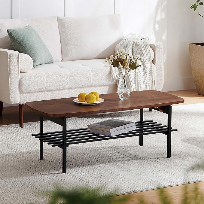 Wood Folding Coffee Table, Mid-Century Modern Design, 2-Tier, L41*W19*H15 inch, for Living Room, Walnut Finish Wood Top and Black Metal Frame