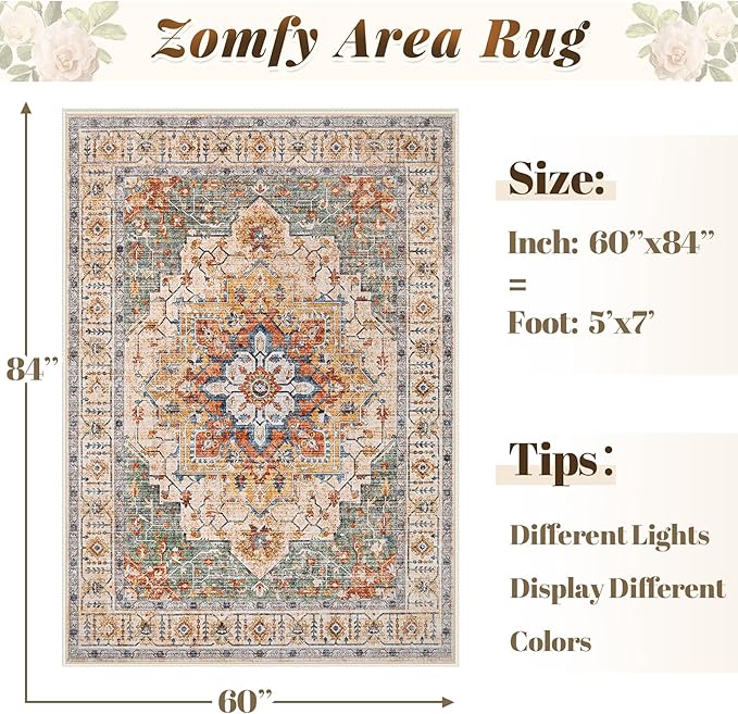 Area Rug 5x7 Vintage Rug: Washable Indoor Medallion Rugs Low Pile Distressed Floor Carpet Retro Accent Rug for Living Room Bedroom Kitchen Dining Table Home Office(Green/Yellow, 5'x7')