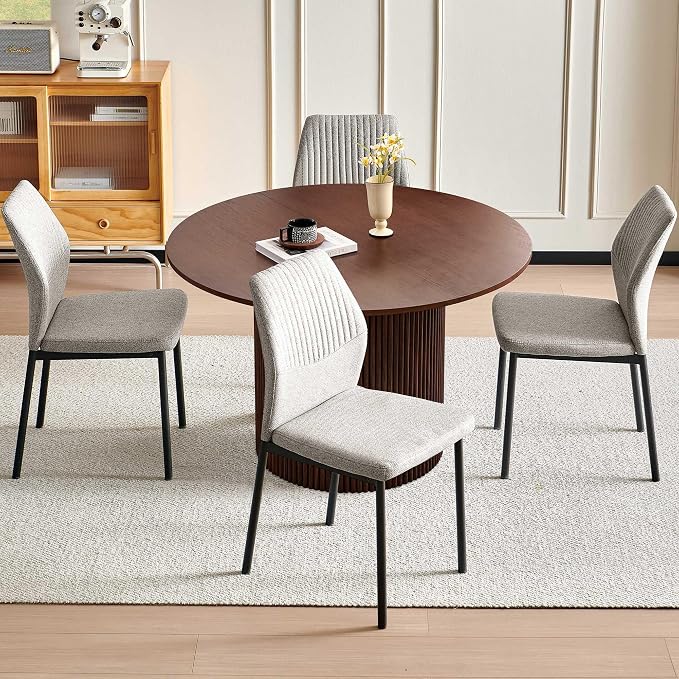 Dining Table Set for 4, 47" Wooden Round Kitchen Table with Linen Fabric Chairs for Kitchen Room and Small Spaces(Walnut Table + 4 Light Brown Chairs)