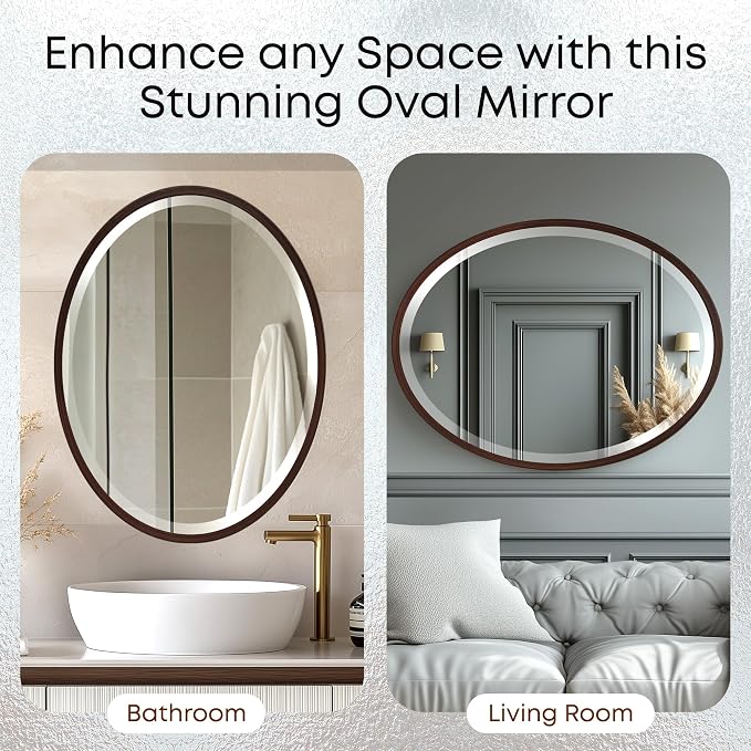 OVALCREST - Oval Wooden Beveled Wall Mirror for Home Decor, Bathroom, Vanity, Bedroom, Living Room, Hallway - London Style (Black Walnut) 25.1 x 19.1