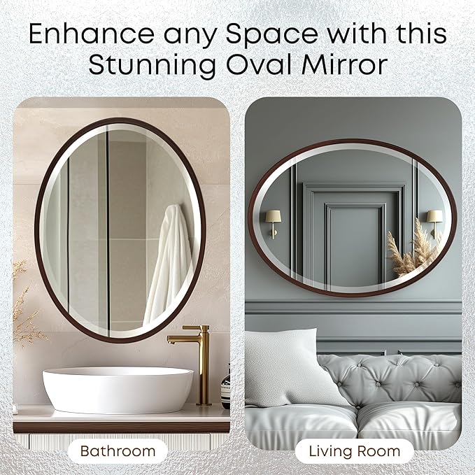 OVALCREST - Oval Wooden Beveled Wall Mirror for Home Decor, Bathroom, Vanity, Bedroom, Living Room, Hallway - London Style (Black Walnut) 21.1 x 17.1