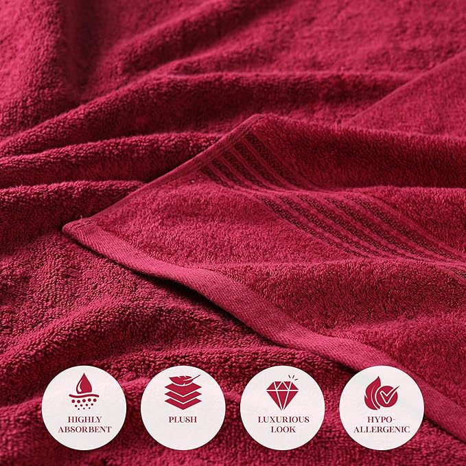 Superior Heritage Egyptian Cotton Bath Towel Set, Large Body Towels for Home Bathroom, Master, Guest Bath Decor, Plush, Absorbent Basics, Spa, Hotel, Resort, Luxury Essentials, Set of 4, Burgundy