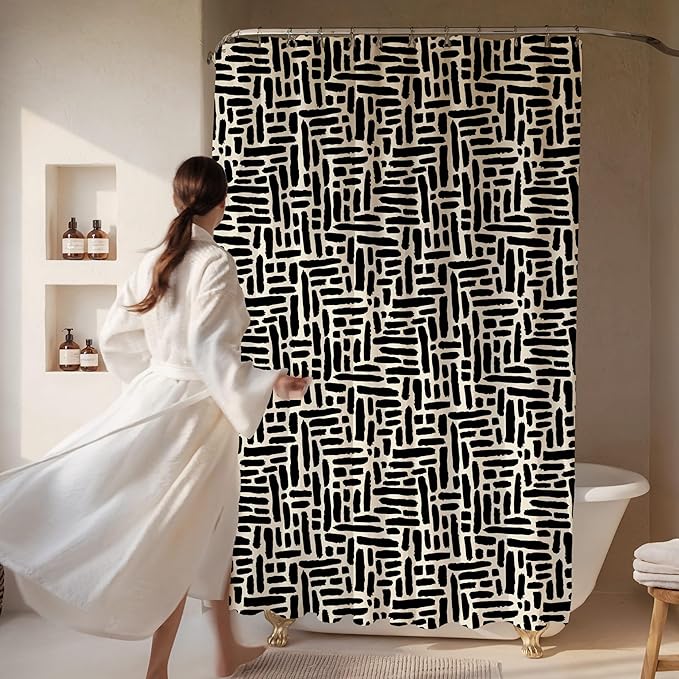 Modern Black and Ivory Brushstroke Print Shower Curtain - Abstract Minimalist Pattern - Neutral Design - Trendy Fabric Shower Curtain for Any Bathroom - 72x72 Inches (Brushstroke)