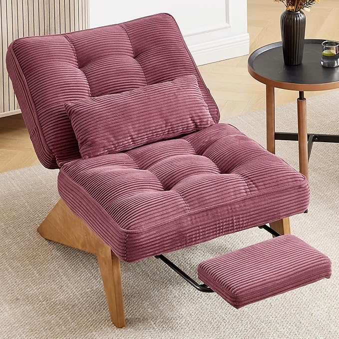 Accent Chair with Ottoman Adjustable Backrest, Stripe Living Room Chair Indoor Lounge Chair with Build-in Footrest Set, Modern Chair Cozy Reclining Chair for Reading Room, Wine Red
