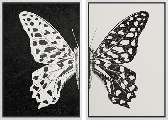 MUDECOR Framed Canvas Wall Art Black and White Butterfly Prints Minimalist Modern Art Boho Wall Decor for Bedroom - 16"x24"x2 White
