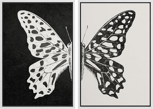 MUDECOR Framed Canvas Wall Art Black and White Butterfly Prints Minimalist Modern Art Boho Wall Decor for Bedroom - 16"x24"x2 White