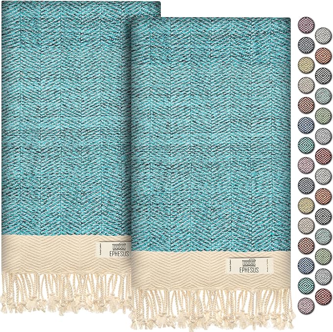Hand Towels - Set of 2 | 18" x 30" - Decorative Turkish Hand Towel for Bathroom, Kitchen, Guest, Face, Hair, Tea, Dishcloth (Herringbone, Turquoise)