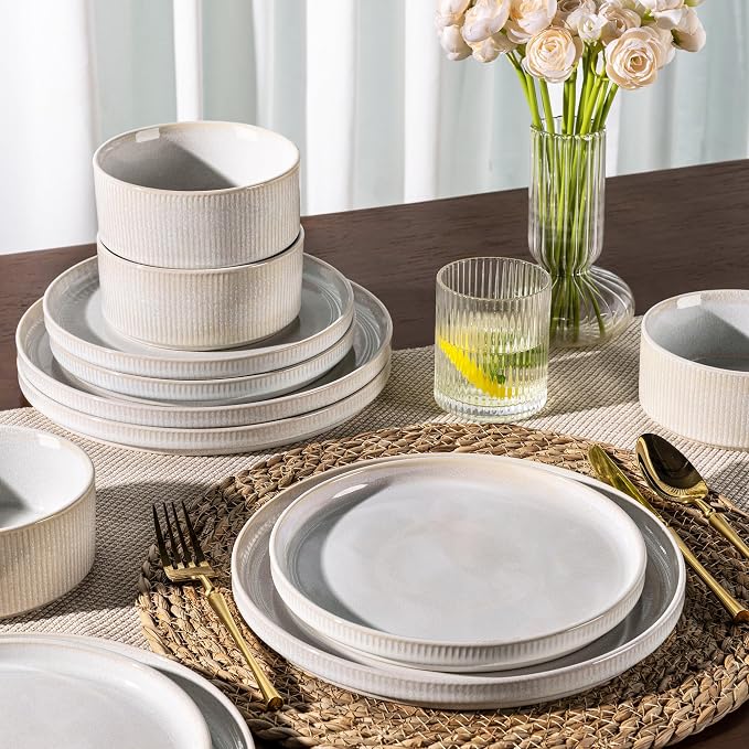 GBHOME 18-Piece Stoneware Dinnerware Set for 6 – Ribbed Ceramic Plates and Bowls, Scratch-Resistant, Microwave & Dishwasher Safe, Reactive Glaze, Sugar White