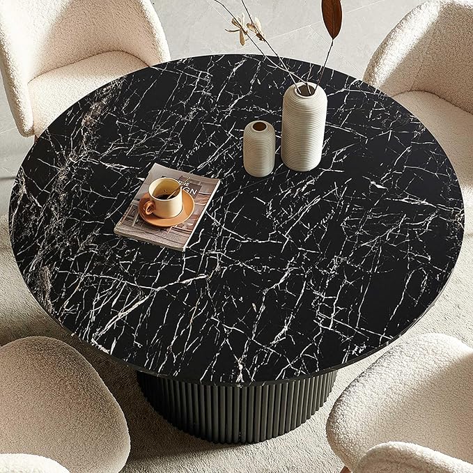 Modern Mid-Century Dining Table Set for 4, Black Round Kitchen Table Fluted and Off White Dining Arm Chairs Set Upholstered Fluffy Faux FurReception Chairs with Metal Legs,Black Marble Look