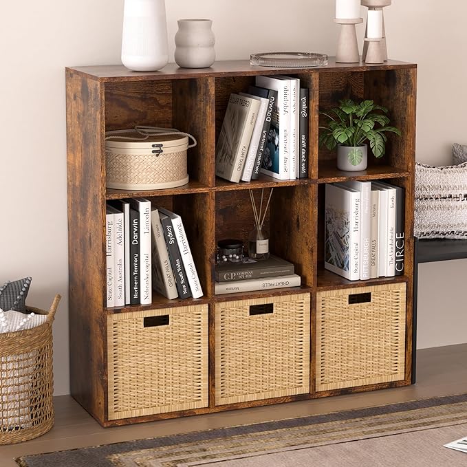 Wooden 9 Cube Storage Organizer with Closed Back Panel,Brown Cube Shelf Cubby Storage Organizers with Compartments for Living,Bookshelf,Organizers Easy to Install (Retro Brown, 9 Cube)