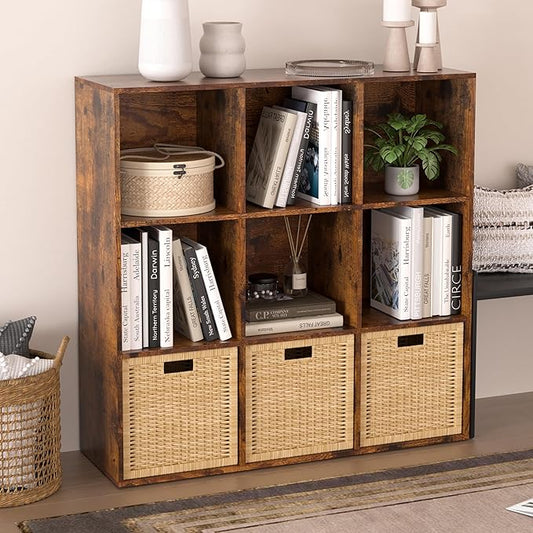 Wooden 9 Cube Storage Organizer with Closed Back Panel,Brown Cube Shelf Cubby Storage Organizers with Compartments for Living,Bookshelf,Organizers Easy to Install (Retro Brown, 9 Cube)