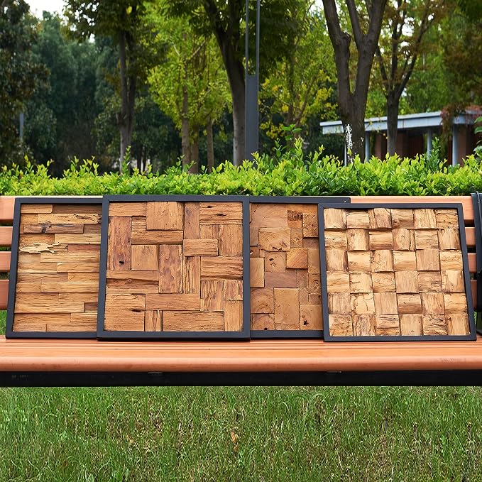 Warmaxx Rustic Teak Wood Framed Wall Decor 17''x17 Farmhouse Wall Art Aesthetic Christmas Decoration Home Living Room Bedroom Office Handmade Square Wooden Geometric Block Slatted Collage