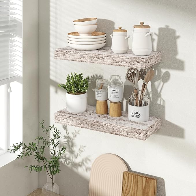 16 Inch Floating Shelves for Wall 2 Pack, 16" Wall Shelves for Books, Storage, Decor, Wall Mounted Floating Shelf with Invisible Brackets for Kitchen, Living Room, Rustic