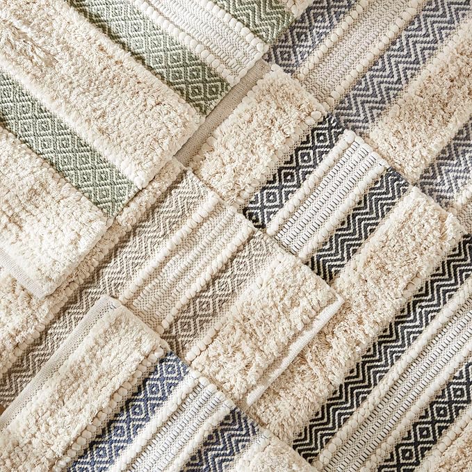 Ink+Ivy Bath Rug Hand-Woven Texture Shaggy Striped Soft & Water Absorbent, Boho Bathroom Décor Bath-Mats, Non-Slip Absorbent Quick Dry Mats for Tub, Shower Room, Asher, 22x58, Sage Green 1 Piece