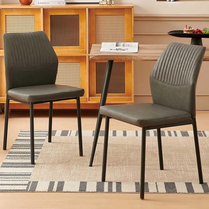 Dining Chairs Set of 2, PU Leather Dining Room Chairs, Comfortable Upholstered Kitchen Chair with Black Metal Legs for Living Room, Dining Room, Dark Grey
