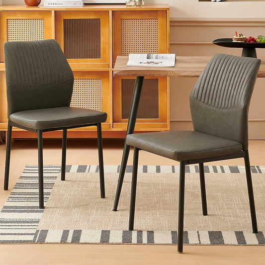 Dining Chairs Set of 2, PU Leather Dining Room Chairs, Comfortable Upholstered Kitchen Chair with Black Metal Legs for Living Room, Dining Room, Dark Grey