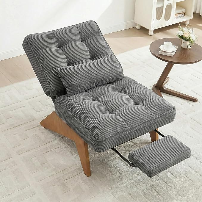 Accent Chair with Ottoman Adjustable Backrest, Stripe Living Room Chair Indoor Lounge Chair with Build-in Footrest Set, Modern Chair Cozy Reclining Chair for Reading Room, Grey