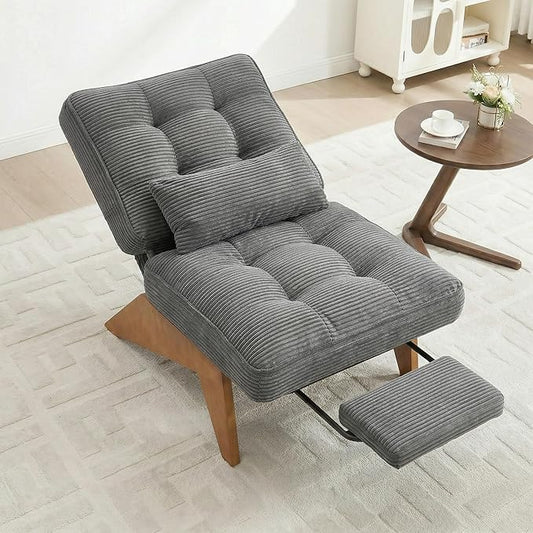 Accent Chair with Ottoman Adjustable Backrest, Stripe Living Room Chair Indoor Lounge Chair with Build-in Footrest Set, Modern Chair Cozy Reclining Chair for Reading Room, Grey