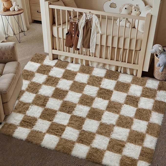 Checkered Rug 4x6 for Living Room, Beige and White Modern Shag Rug Super Soft Washable Fluffy Rugs Indoor Fuzzy Carpet for Bedroom Home Dorm Aesthetic Decor