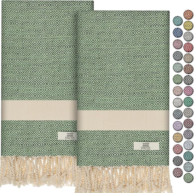 Hand Towels - Set of 2 | 18" x 30" - Decorative Turkish Hand Towel for Bathroom, Kitchen, Guest, Face, Hair, Tea, Dishcloth (Diamond, Green)