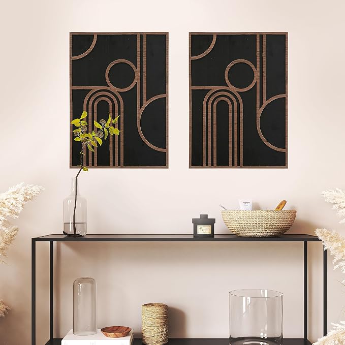 Modernist Home Art Deco Wall Sculptures, Set of 2, Carved Wood Panels, Black and Brown Wood Tones, MDF, Geometric Arches Design, 13.75 x 19.25 Inches