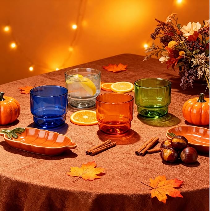Retro Colored Double Old-Fashioned Glasses Set 10oz Stackable Drinking Glasses for Cocktails Mixology Espresso Cups Party Hosting Modern Barware Gift Dishwasher Safe