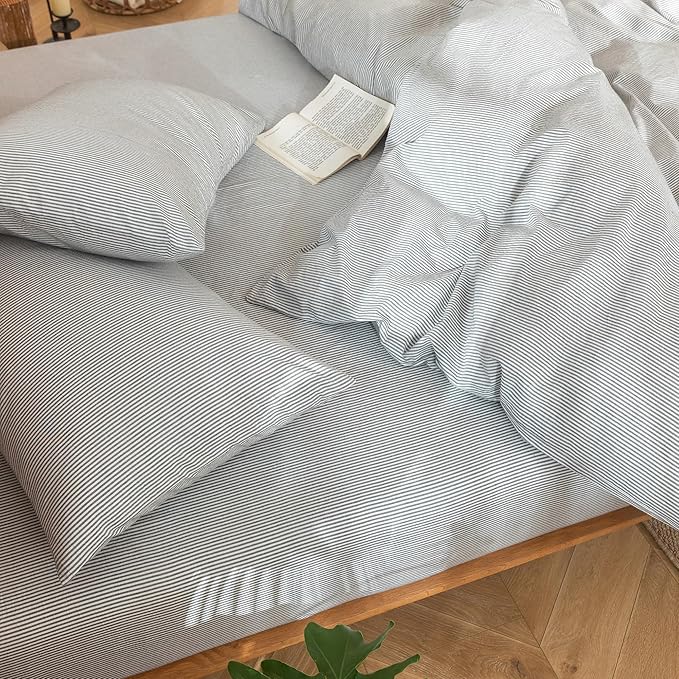 MooMee Striped Duvet Cover Set 100% Washed Cotton Linen Like Textured Breathable Durable Soft Comfy (Dark Grey White Pinstripes, Queen 90"x90")