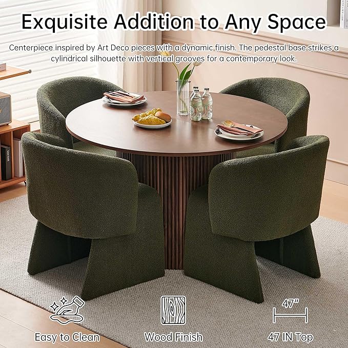 NORDICANA 5-Piece Round Dining Table Set for 4, Rustic 47-Inch Kitchen Table and Chair Set, Dining Set with Dark Green Upholstered Armchairs, Manufactured Wood Top with Walnut Veneer
