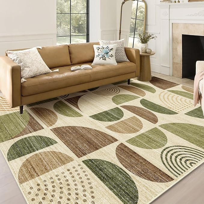 MUJOO 5x7 Area Rugs Washable,Boho Rugs for Living Room Bedroom Play Room,Large Throw Floor Carpet Non Slip Soft Modern Abstract Vintage Green and Brown