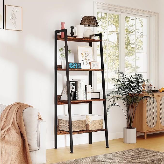 Ladder Shelf, 4 Tier Ladder Shelf, 22” Wide Tower Storage Shelf for Books, Anti Tip Feature, Steel Frame, Perfect for Bookshelf, Plants, Kitchen, Living Room, Office, Rustic Brown