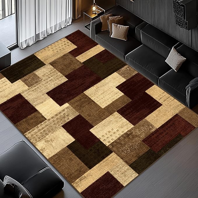 Modern Geometric Patchwork Indoor Area Rug for Living Room, Red 4x6 Large Rug Rockwood Collection Hardwood Floors Decor for Bedroom, Burgundy Throw Carpet for Office Entryway Dining Room