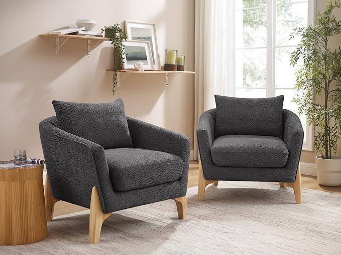 VANOMi Modern Accent Chairs, Sherpa Armchair with Cushion, Comfy Reading Chairs for Adults, Living Room, Corner, Apartment, Dark Grey