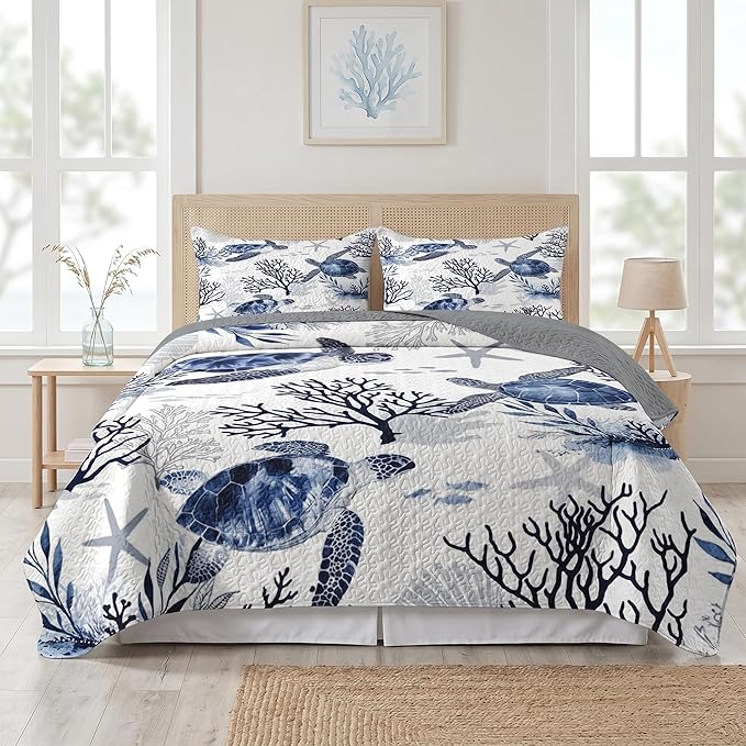 Pamnest Quilt Set Full/Queen Size, Ocean Sea Coral 3 Pcs Soft Bed Cover Bedding Set for Kids and Adults, Blue Animal Turtle Lightweight Bedspread Coverlet with Pillow Sham for All Season