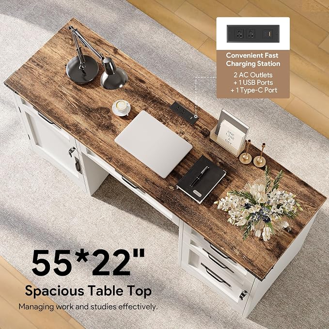 Decofy Farmhouse Executive Desk with Drawers, 55" Home Office Desks with Fast Charging Station, Lockable File Cabinet, Wood Writing Computer Desk for Work, Study, White