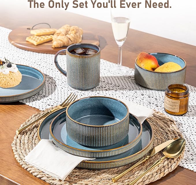 GBHOME 24-Piece Stoneware Dinnerware Set for 8 – Ribbed Ceramic Plates and Bowls, Scratch-Resistant, Microwave & Dishwasher Safe, Reactive Glaze, Deep Ocean