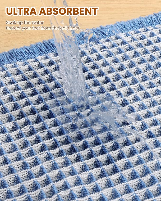 Smiry Waffle Bath Mat 24x16, Extra Soft Absorbent Bathroom Rugs, Non Slip Machine Washable Quick Dry Bath Rugs for Bathroom Floor, Tub, Shower, Home Decor Accessories, Blue & Cream
