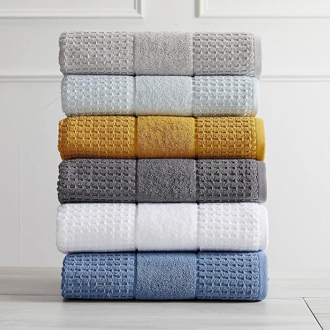 Market & Place 100% Cotton Super Soft Luxury Towel Set | Quick-Dry and Highly Absorbent | Waffle Textured | 550 GSM | 2 Bath Towels, 2 Hand Towels, & 2 Washcloths | Harper Collection (Dark Grey)