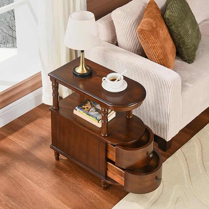 Biaco Set of 2 Solid Wood End Tables with 2 Drawers, Cherry Walnut Vintage Sofa Side Tables with Open Shelf,Full Assembly Slim Nightstands for Bedroom Living Room 23.4" Dx11.4 Wx25.3 H, BG-A508-CY