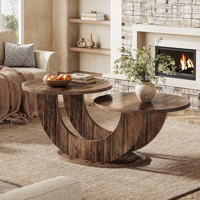 Tribesigns 46-inch Round Coffee Table, Modern Living Room Coffee Table with Funky U-Shaped Frame, Low Accent Center Tea Table for Home, Apartment, Rustic Brown