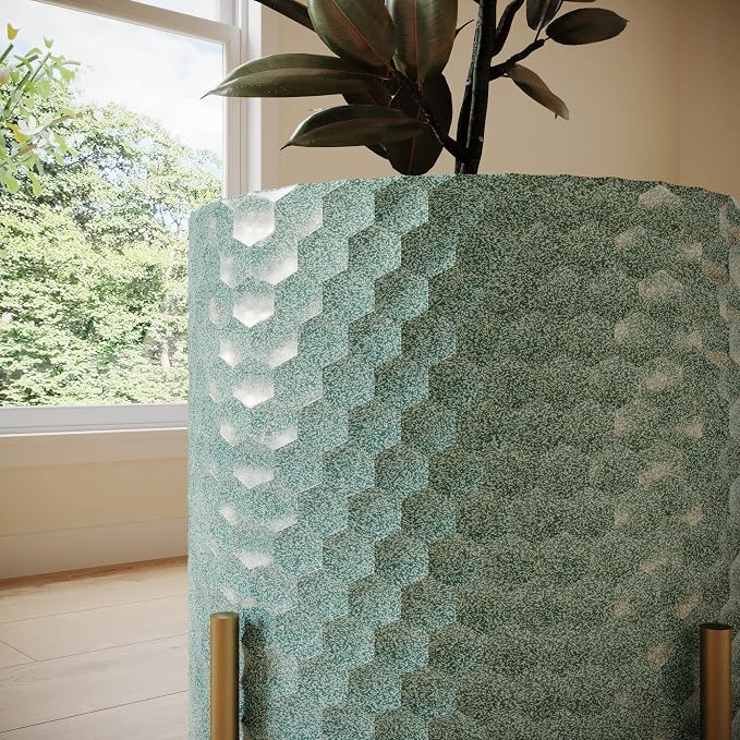 EverNest Mid-Century Modern Rhys Honeycomb Embossed Planter Pot With Ambrose Stand, Metal Indoor Plant Pots, Blue Green Bohemian Style (Set Of 3)