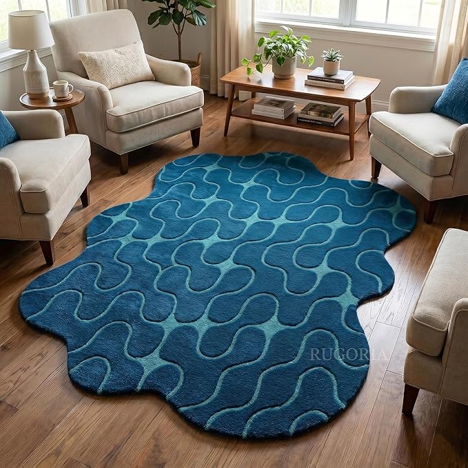 Hand-Tufted Abstract Wool Area Rug, Irregular Organic Shape with Wavy Pattern, Soft Plush Handmade Carpet for Living Room, Bedroom & Home Décor, Cotton Backing (Teal Blue, 6' x 8')