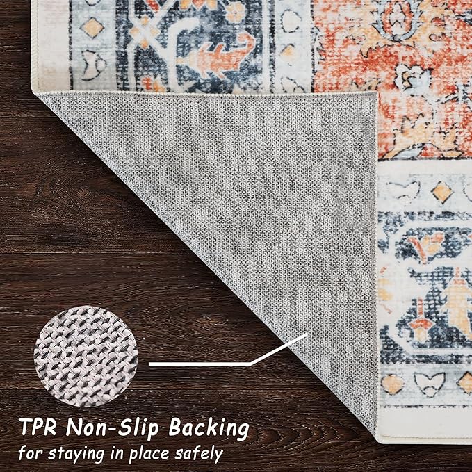 vivorug 4x6 Rug, Boho Small Area Rug for Living Room, Bedroom, Kitchen, Machine Washable Non-Slip Throw Rug, Vintage Floral Carpet for Entryway Nursery Coffee Table - Durable (Orange/Navy)
