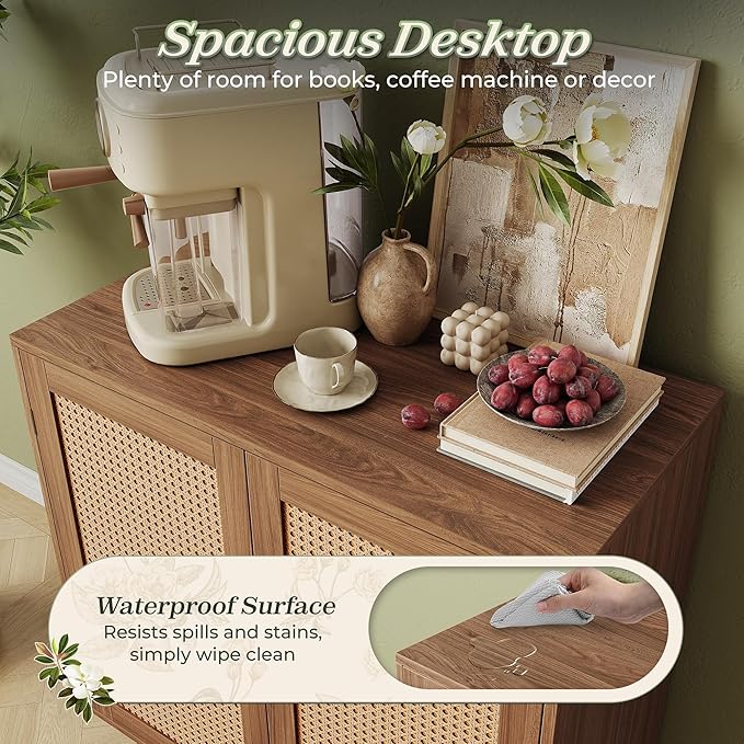 Huuger Buffet Cabinet with Storage, Storage Cabinet with Synthetic Rattan Decor Doors, Accent with Solid Wood Feet, Sideboard for Hallway, Entry, Living Room, Walnut