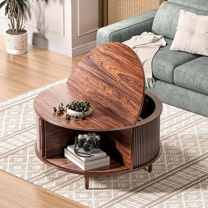 Round Coffee Table, 31.5" Fluted Center Table with Storage, Lift-Top Coffee Table with Adjustable Footpads, Sliding Door, Mid-Century Modern Center Table for Living Room, Small Space, (Walnut)