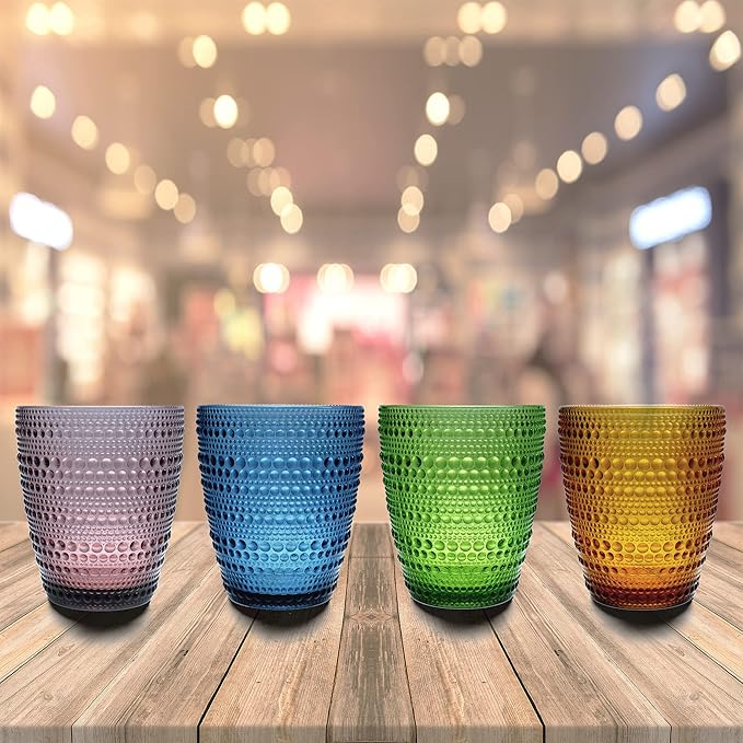 Drinking Glasses, Vintage Glassware Set of 4, Colored Glass Drinkware Set 10 Oz for Water, Juice, Milk