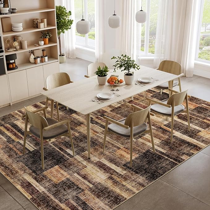 Modern Area Rugs 5x7 Washable Rugs for Bedroom Geometric Throw Rugs with Non-Slip Backing, Non-Shedding Contemporary Accent Carpet, Low Pile Floor Cover for Bedroom, Office, Brown