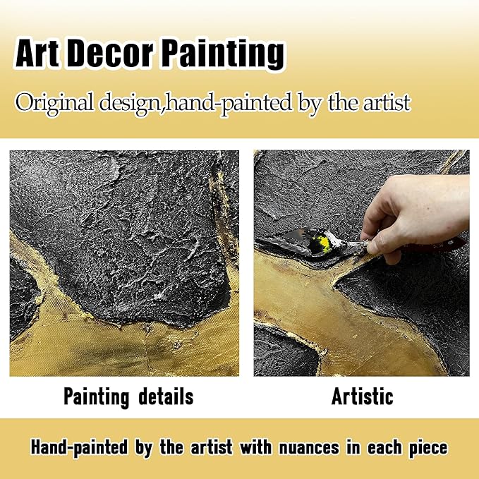DNIEOTU Abstract Canvas Wall Art for Living Room, Black and Gold Wall-Decor for Bedroom, 3D Textured Paintings for Hallway Office, Size 47 x 24 Inches Hand Painted
