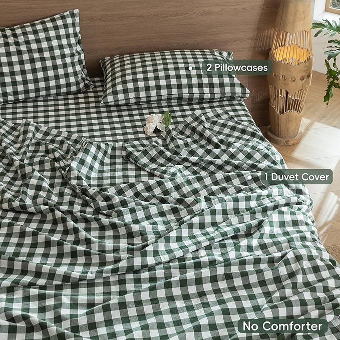 MooMee Gingham Duvet Cover Set 100% Washed Cotton Linen Like Textured Breathable Durable Soft Comfy Modern Checkered Design (Buffalo Plaid Forest Green, Full 80"x90")